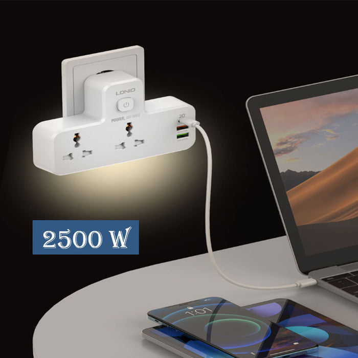 مقبس حائط كهربائي بمخرجين و 3 مداخل lDNIO SC2311 Wall socket with 2 outlets and 3 usb ports  الكترونيات