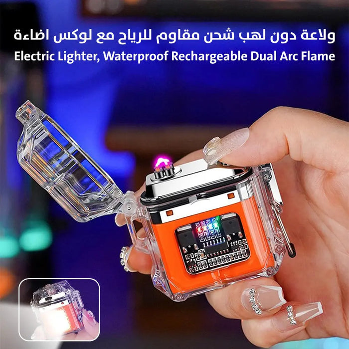 ولاعة دون لهب شحن مقاوم للرياح مع لوكس اضاءة Electric Lighter, Waterproof Rechargeable Dual Arc Flame -  