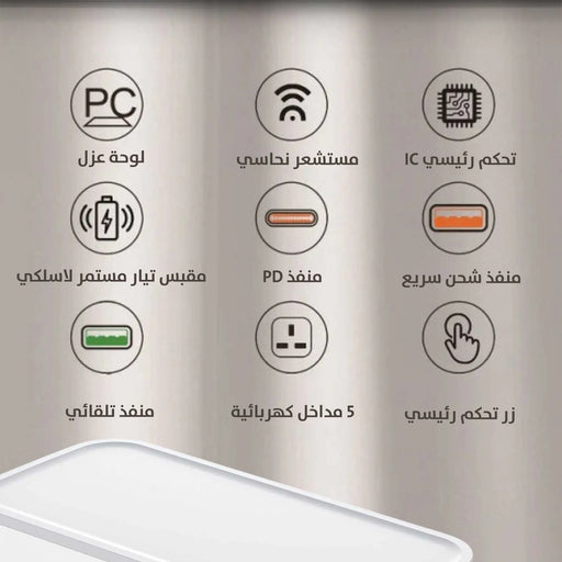 صندوق وصلة LDNIO بـ 5 مداخل وشاحن هاتف ويرليس و 2 مداخل USB ومدخل Type-c -  