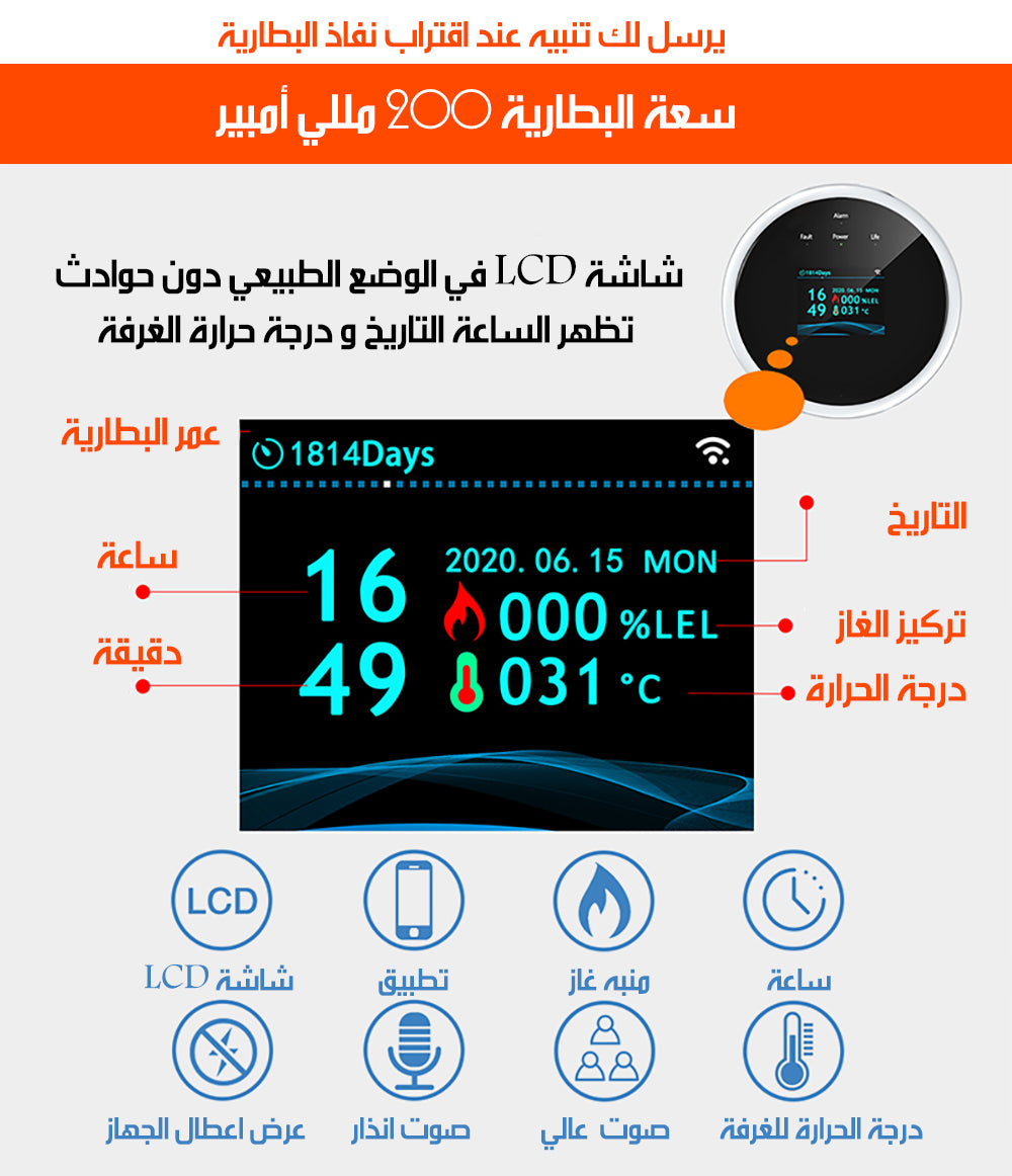 جهاز استشعار و إنذار لتسرب الغاز Wi-Fi Gas Leak Detector