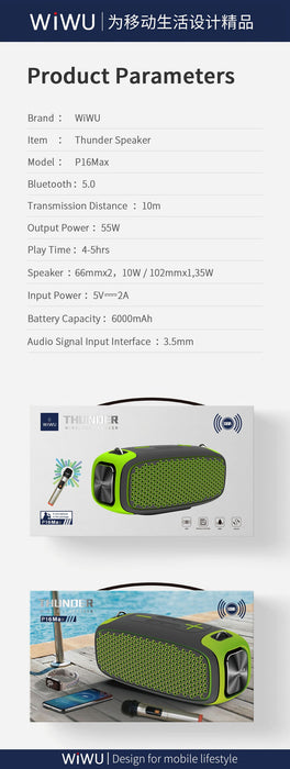 WiWU Wireless Speaker P16 max with 2 microphone Bluetooth Sound Speaker with band  Wireless Speaker