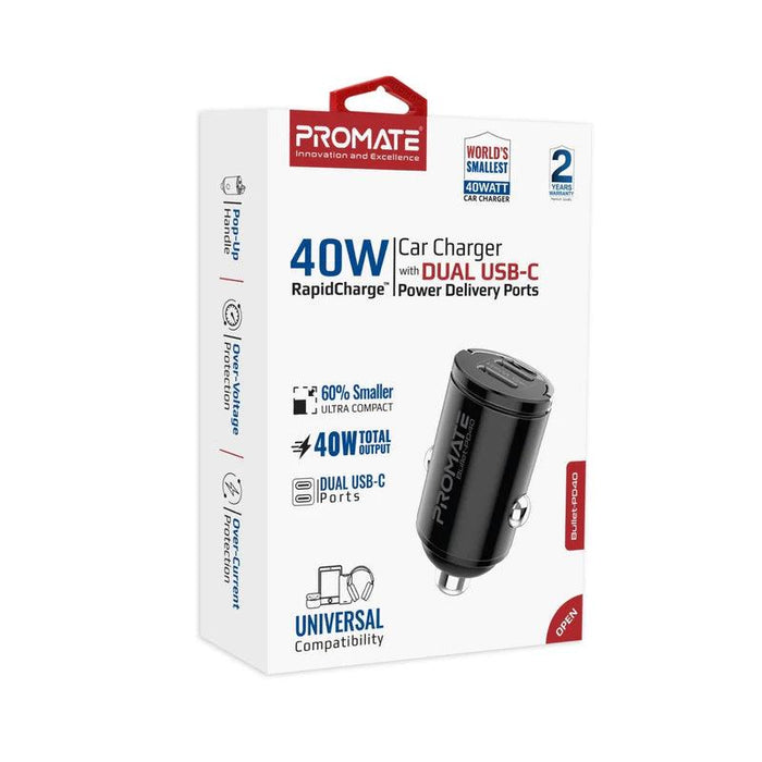 PROMATE Bullet-PD40 RapidCharge™ 40W Car Charger with Dual USB-C Power Delivery Ports  Chargers & Cables & Power Socket