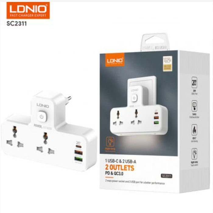 مقبس حائط كهربائي بمخرجين و 3 مداخل lDNIO SC2311 Wall socket with 2 outlets and 3 usb ports  الكترونيات