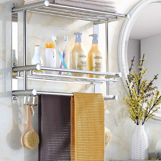 رف تخزين معدني مع خطافات تعليق و علاقة للمناشف  أثاث منزلي