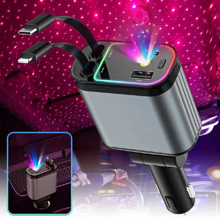 شاحن سيارة USB-C مزوّد بإضاءة نجوم سريع 4 في 1 بأسلاك قابلة للسحب USB-C Car Charger With Starry Light – Fast 4-in-1 Retractable Cable Charger  الكترونيات ذكية